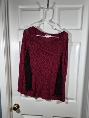Three Hearts Burgundy Long Sleeve Lace-Panel Top